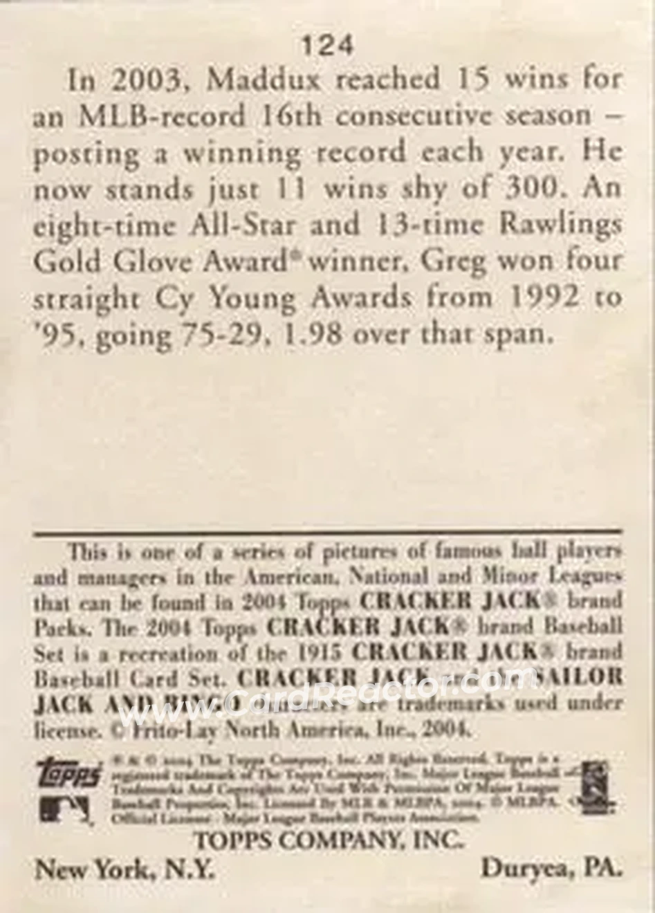 2004 Topps Cracker Jack #124 - Greg Maddux - Chicago Cubs - Back