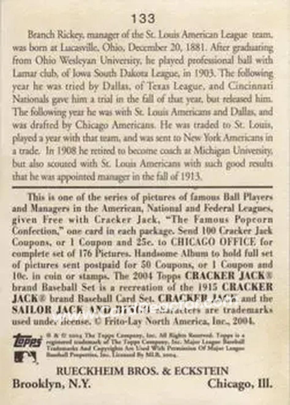 2004 Topps Cracker Jack #133 - Branch Rickey - St. Louis Browns - Back 2004 Topps Cracker Jack #133 - Branch Rickey - St. Louis Browns - Back