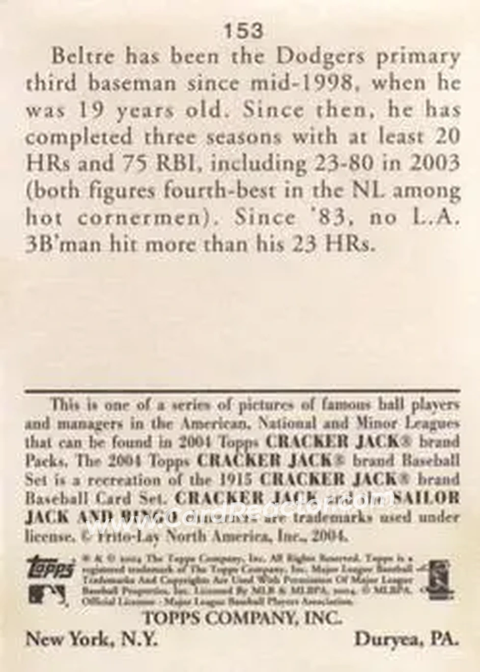 2004 Topps Cracker Jack #153 - Adrian Beltré - Los Angeles Dodgers - Back