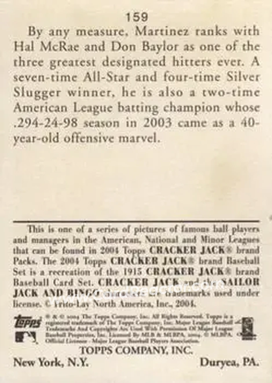2004 Topps Cracker Jack #159 - Edgar Martinez - Seattle Mariners - Back