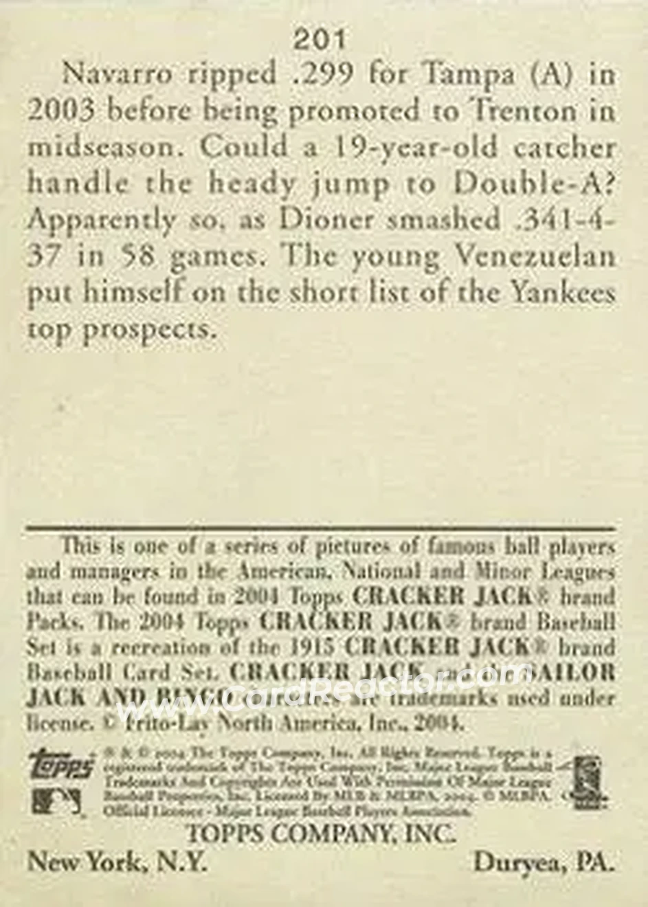 2004 Topps Cracker Jack #201 - Dioner Navarro - New York Yankees - Back