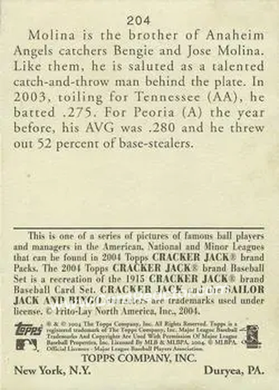 2004 Topps Cracker Jack #204 - Yadier Molina - St. Louis Cardinals - Back