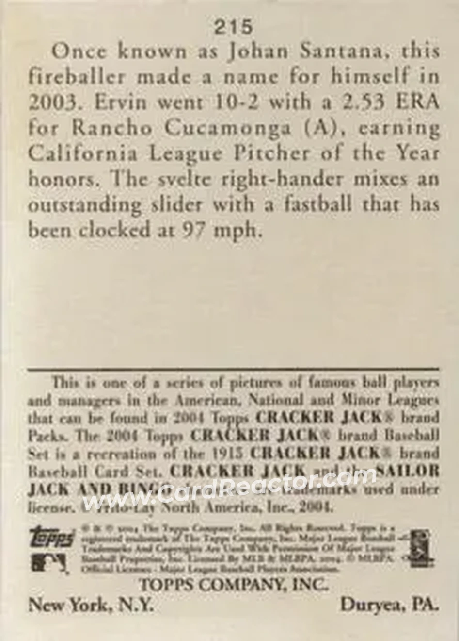 2004 Topps Cracker Jack #215 - Ervin Santana - Anaheim Angels - Back