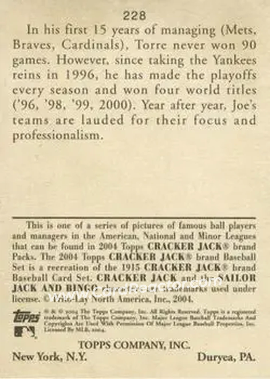 2004 Topps Cracker Jack #228 - Joe Torre - New York Yankees - Back