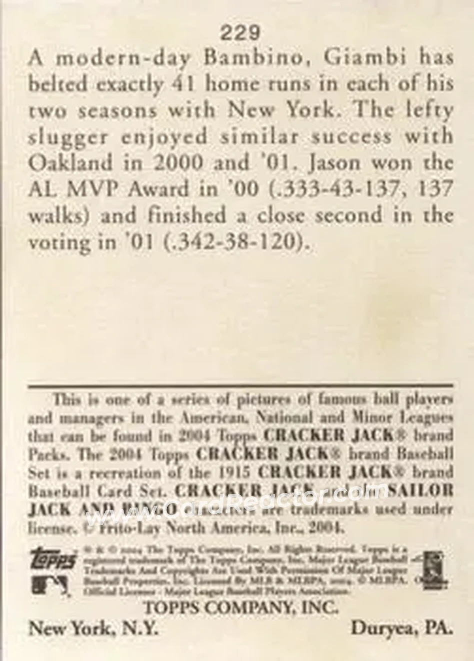 2004 Topps Cracker Jack #229b - Jason Giambi - New York Yankees - Back