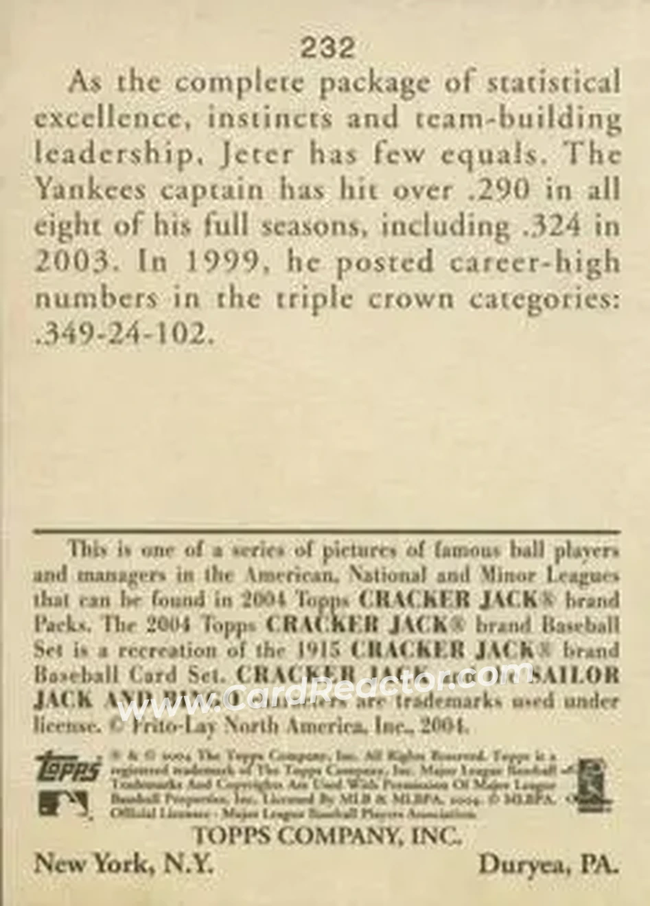 2004 Topps Cracker Jack #232 - Derek Jeter - New York Yankees - Back 2004 Topps Cracker Jack #232 - Derek Jeter - New York Yankees - Back