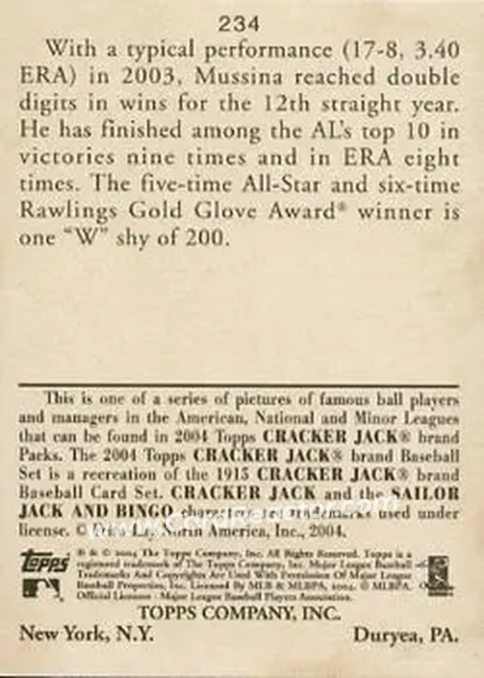 2004 Topps Cracker Jack #234 - Mike Mussina - New York Yankees - Back