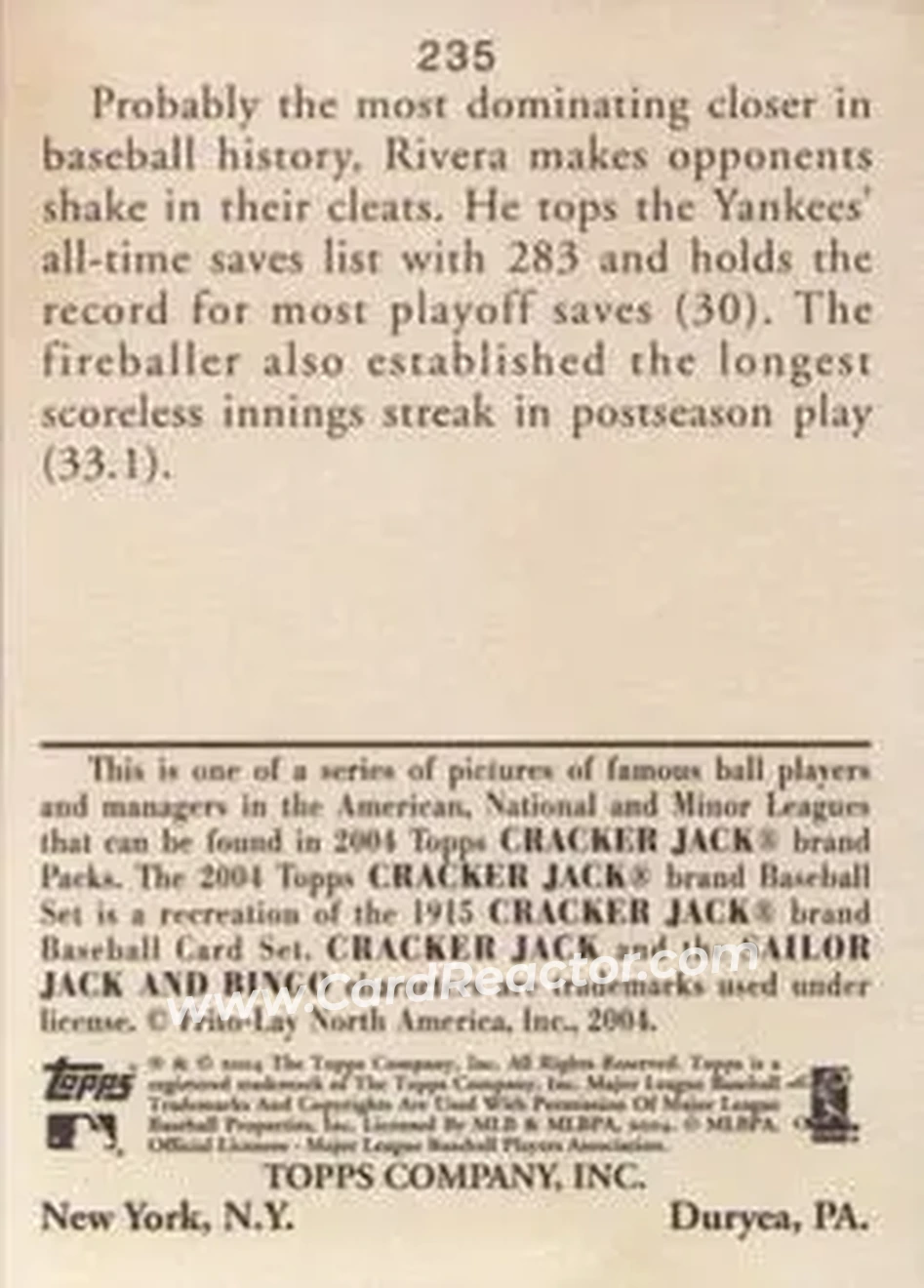 2004 Topps Cracker Jack #235 - Mariano Rivera - New York Yankees - Back