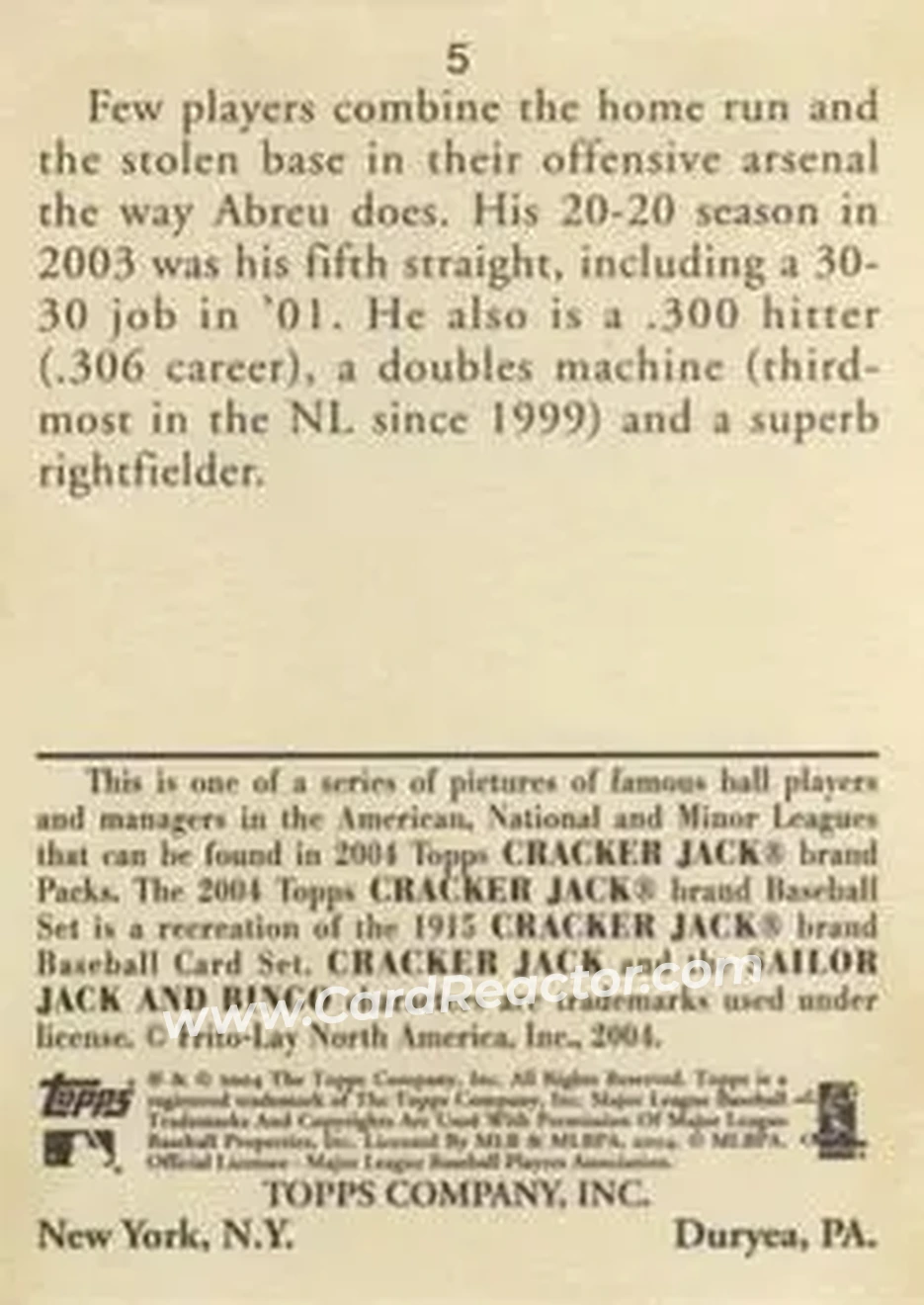 2004 Topps Cracker Jack #5 - Bob Abreu - Philadelphia Phillies - Back