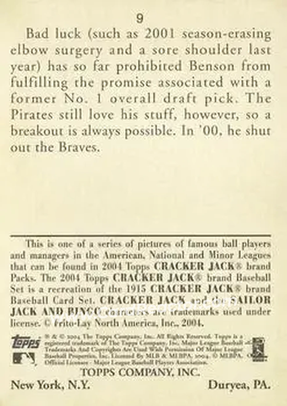 2004 Topps Cracker Jack #9 - Kris Benson - Pittsburgh Pirates - Back