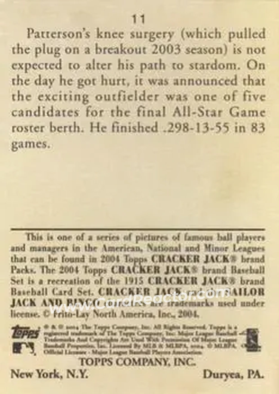 2004 Topps Cracker Jack #11 - Corey Patterson - Chicago Cubs - Back
