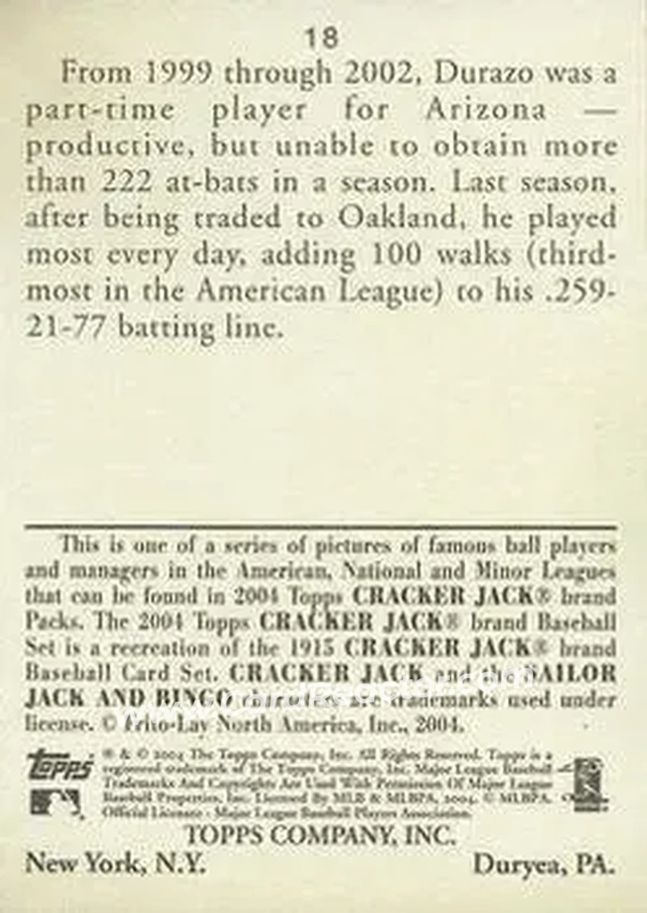 2004 Topps Cracker Jack #18 - Erubiel Durazo - Oakland Athletics - Back