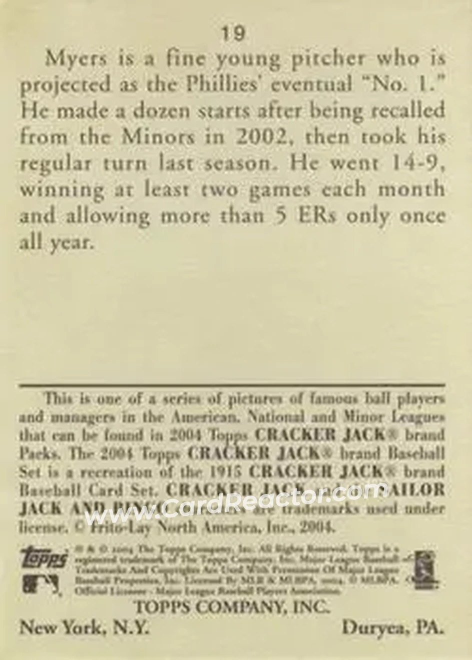 2004 Topps Cracker Jack #19 - Brett Myers - Philadelphia Phillies - Back