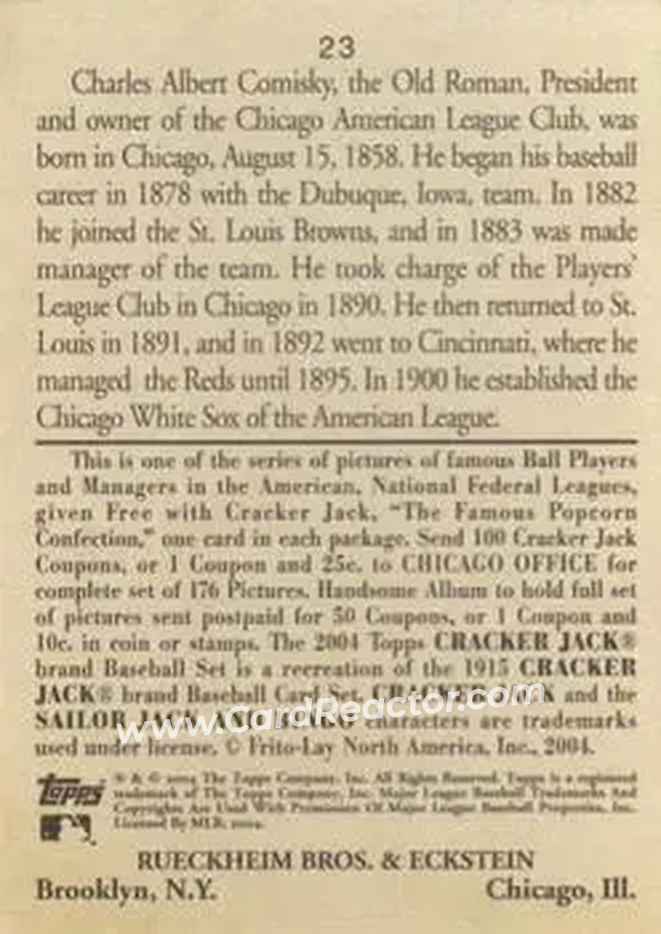 2004 Topps Cracker Jack #23 - Charles Comiskey - Chicago White Sox - Back