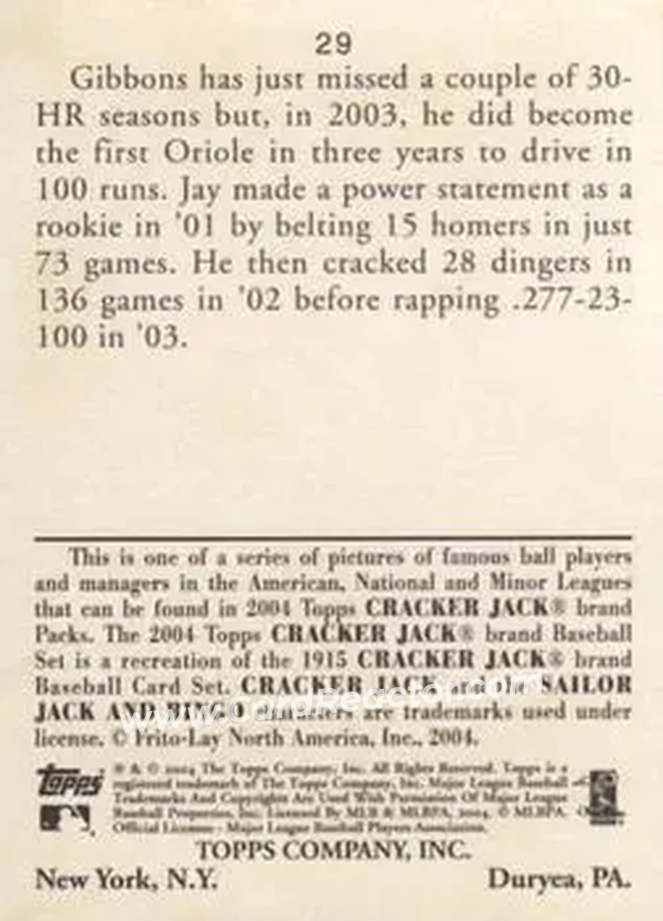 2004 Topps Cracker Jack #29 - Jay Gibbons - Baltimore Orioles - Back