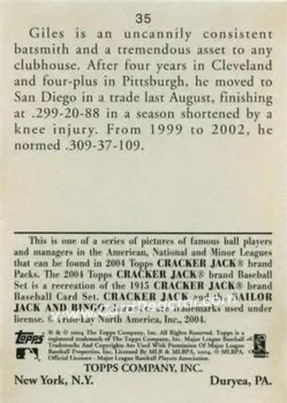 2004 Topps Cracker Jack #35 - Brian Giles - San Diego Padres - Back 2004 Topps Cracker Jack #35 - Brian Giles - San Diego Padres - Back
