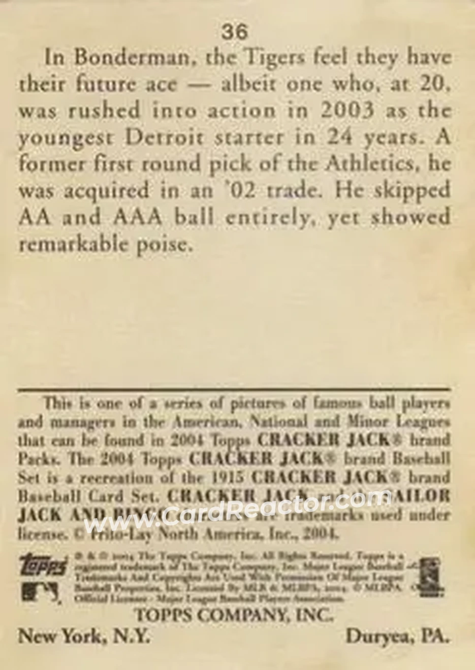 2004 Topps Cracker Jack #36 - Jeremy Bonderman - Detroit Tigers - Back 2004 Topps Cracker Jack #36 - Jeremy Bonderman - Detroit Tigers - Back