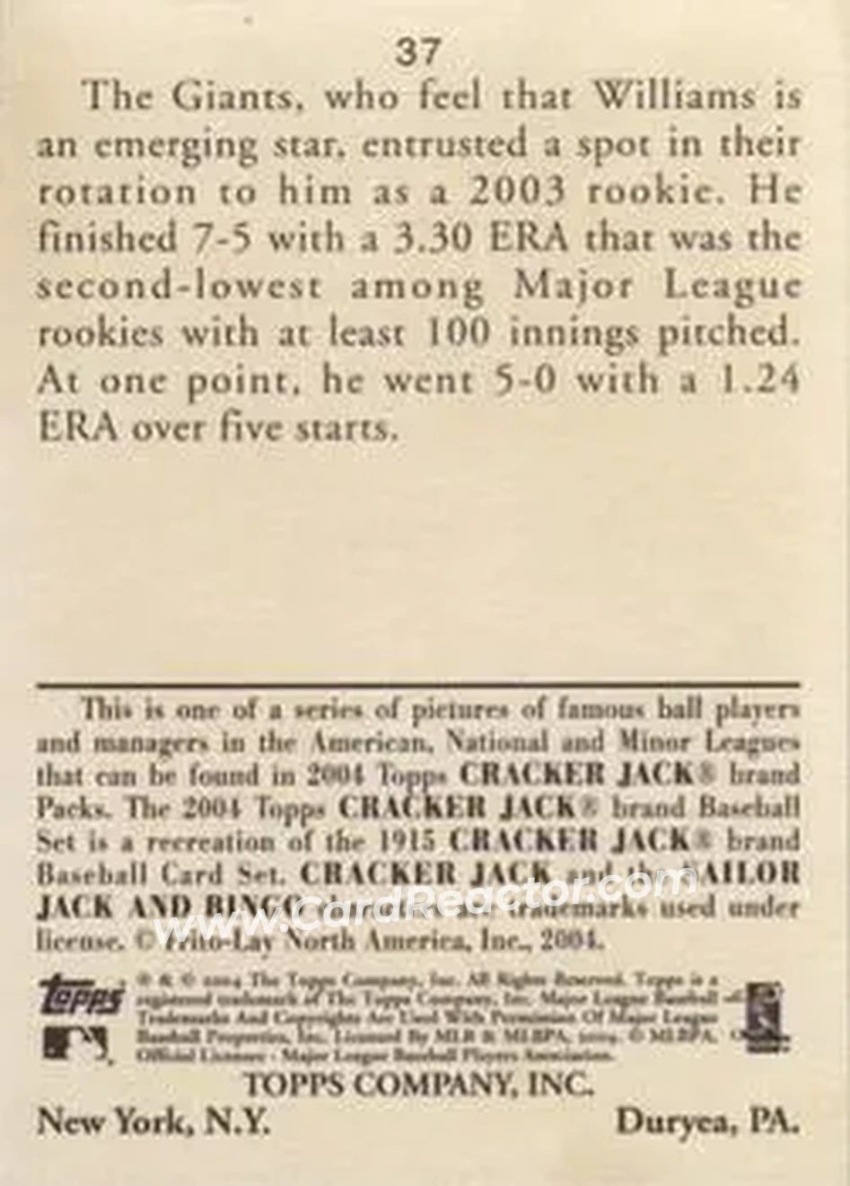 2004 Topps Cracker Jack #37 - Jerome Williams - San Francisco Giants - Back