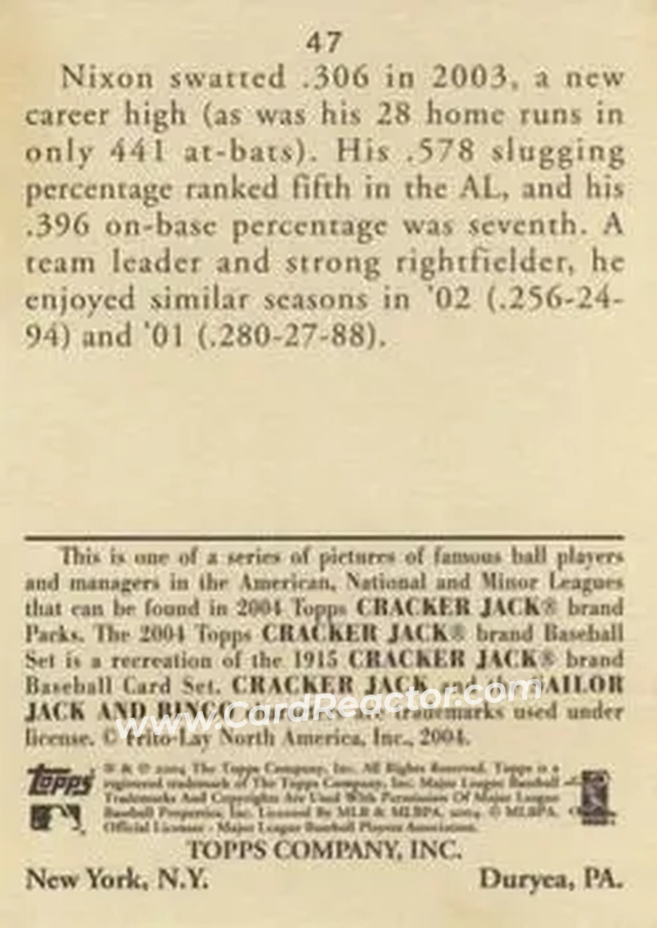 2004 Topps Cracker Jack #47 - Trot Nixon - Boston Red Sox - Back