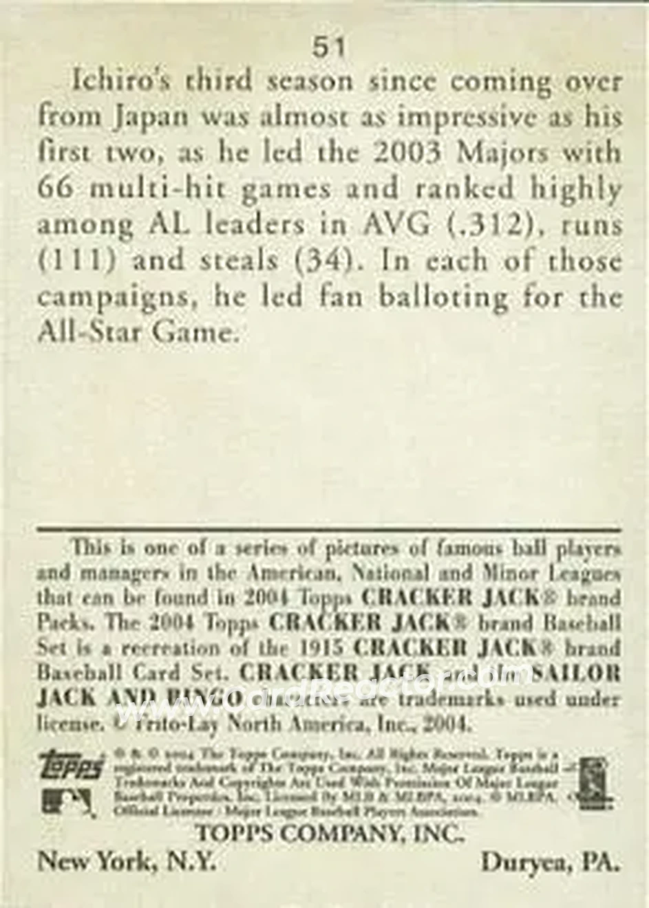 2004 Topps Cracker Jack #51 - Ichiro - Seattle Mariners - Back