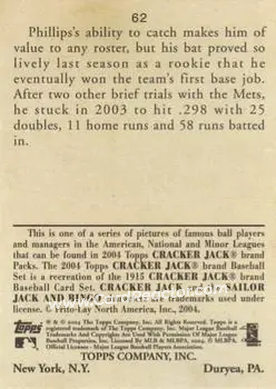 2004 Topps Cracker Jack #62 - Jason Phillips - New York Mets - Back