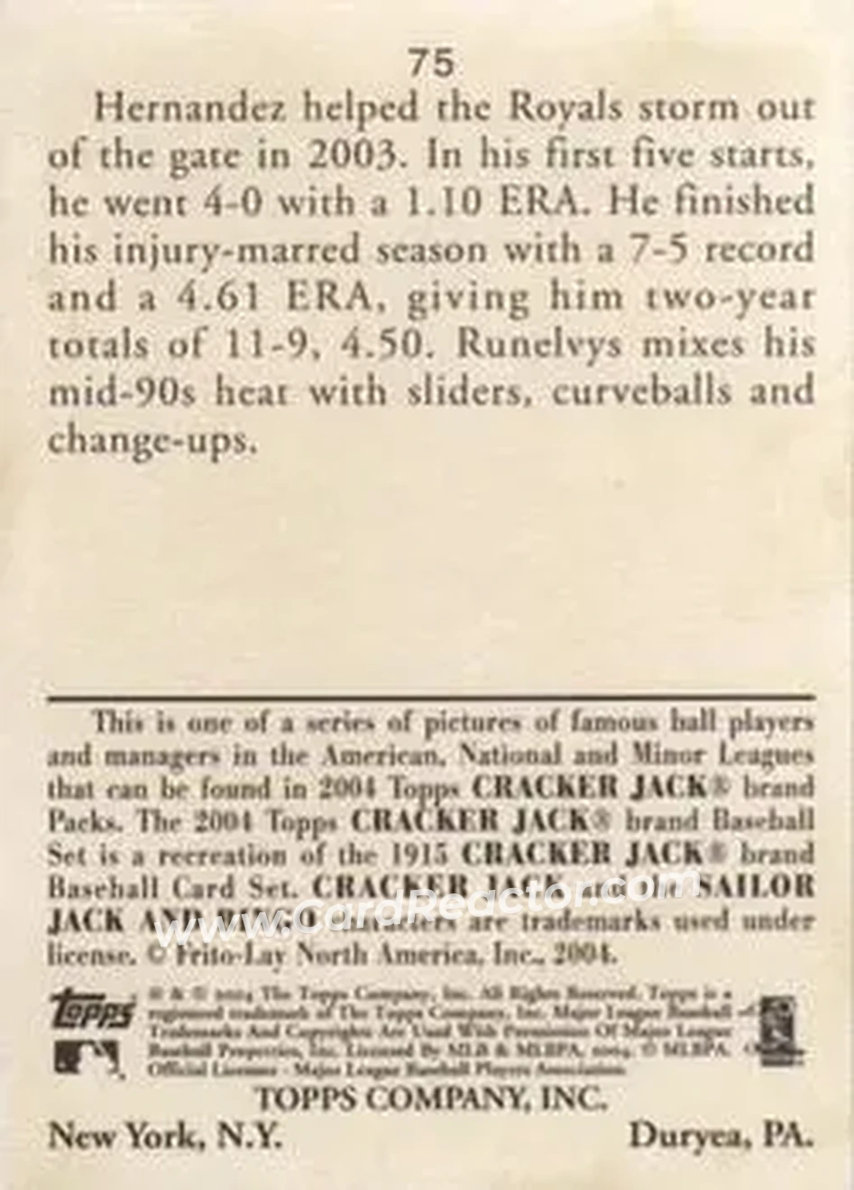 2004 Topps Cracker Jack #75 - Runelvys Hernandez - Kansas City Royals - Back