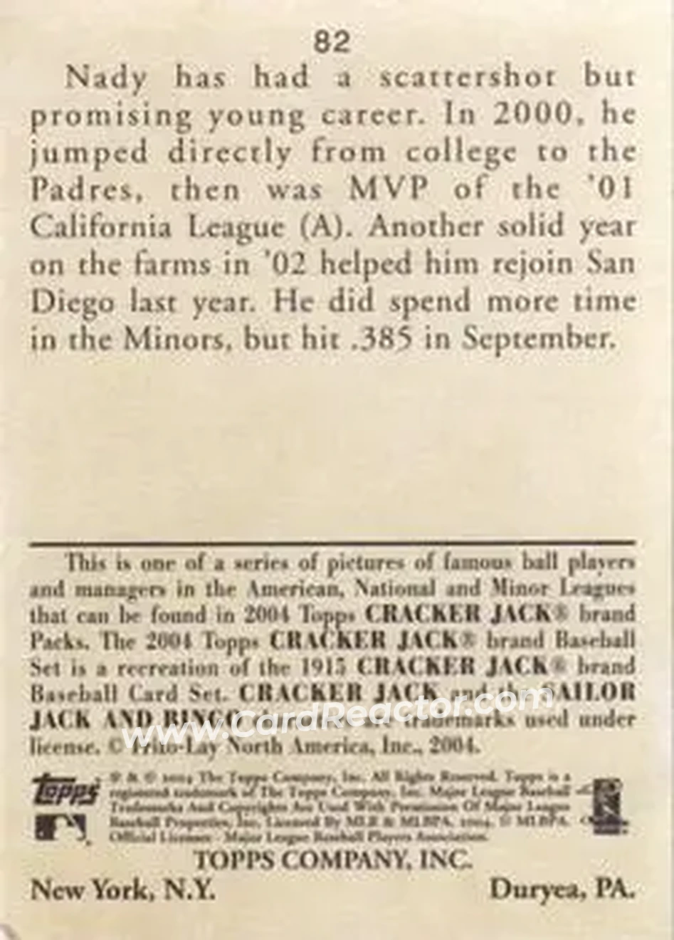 2004 Topps Cracker Jack #82 - Xavier Nady - San Diego Padres - Back