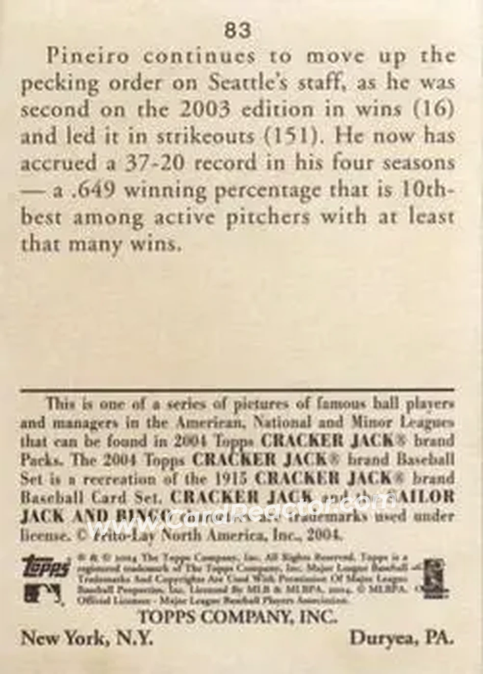 2004 Topps Cracker Jack #83 - Joel Pineiro - Seattle Mariners - Back
