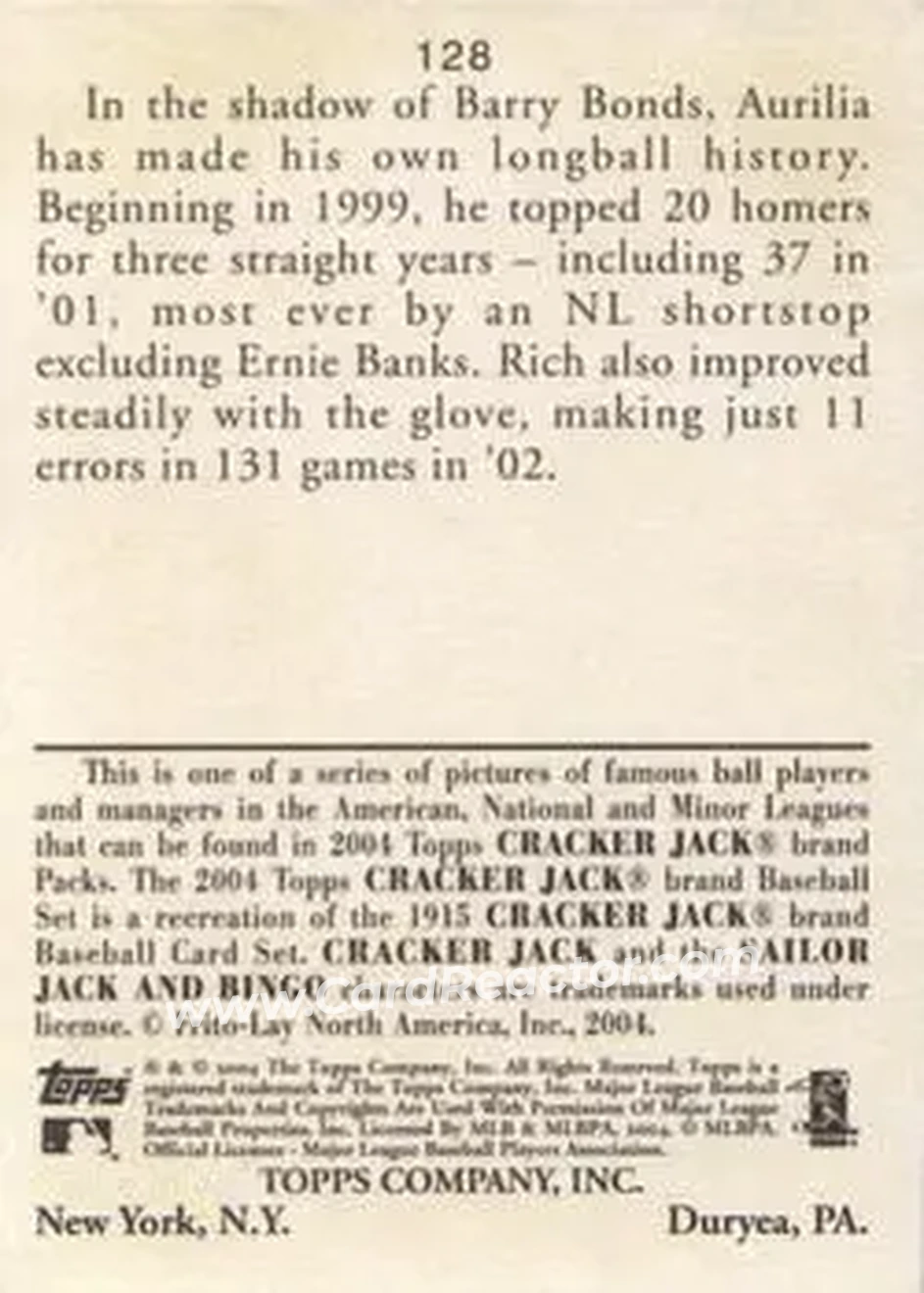 2004 Topps Cracker Jack #128 - Rich Aurilia - Seattle Mariners - Back