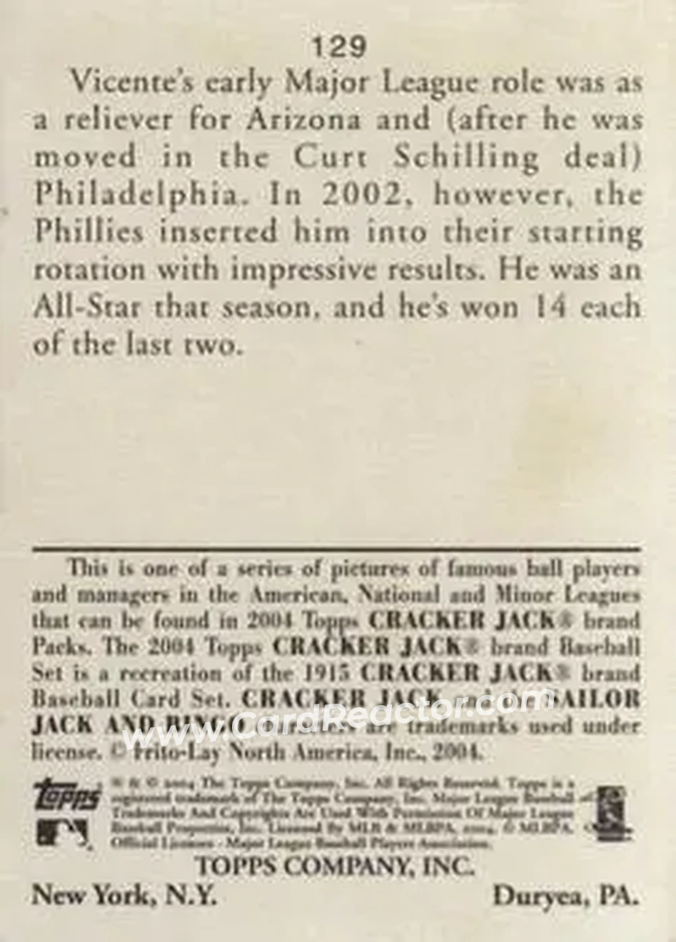 2004 Topps Cracker Jack #129 - Vicente Padilla - Philadelphia Phillies - Back