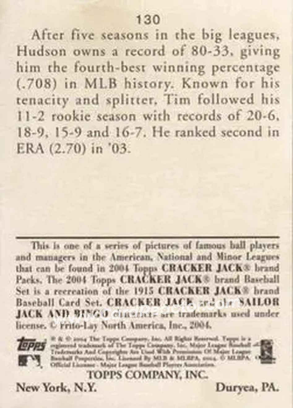 2004 Topps Cracker Jack #130 - Tim Hudson - Oakland Athletics - Back