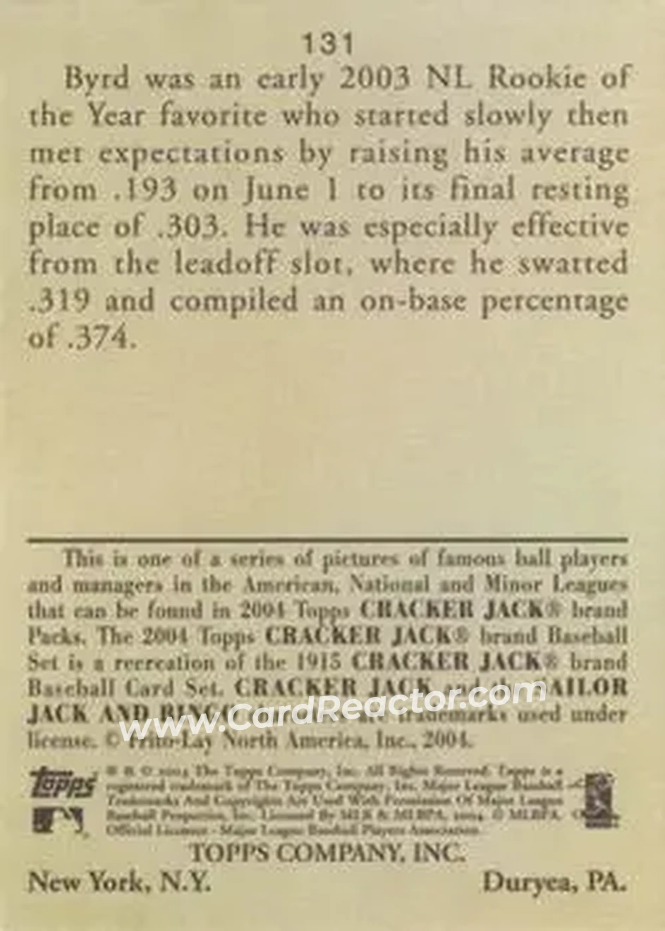2004 Topps Cracker Jack #131 - Marlon Byrd - Philadelphia Phillies - Back