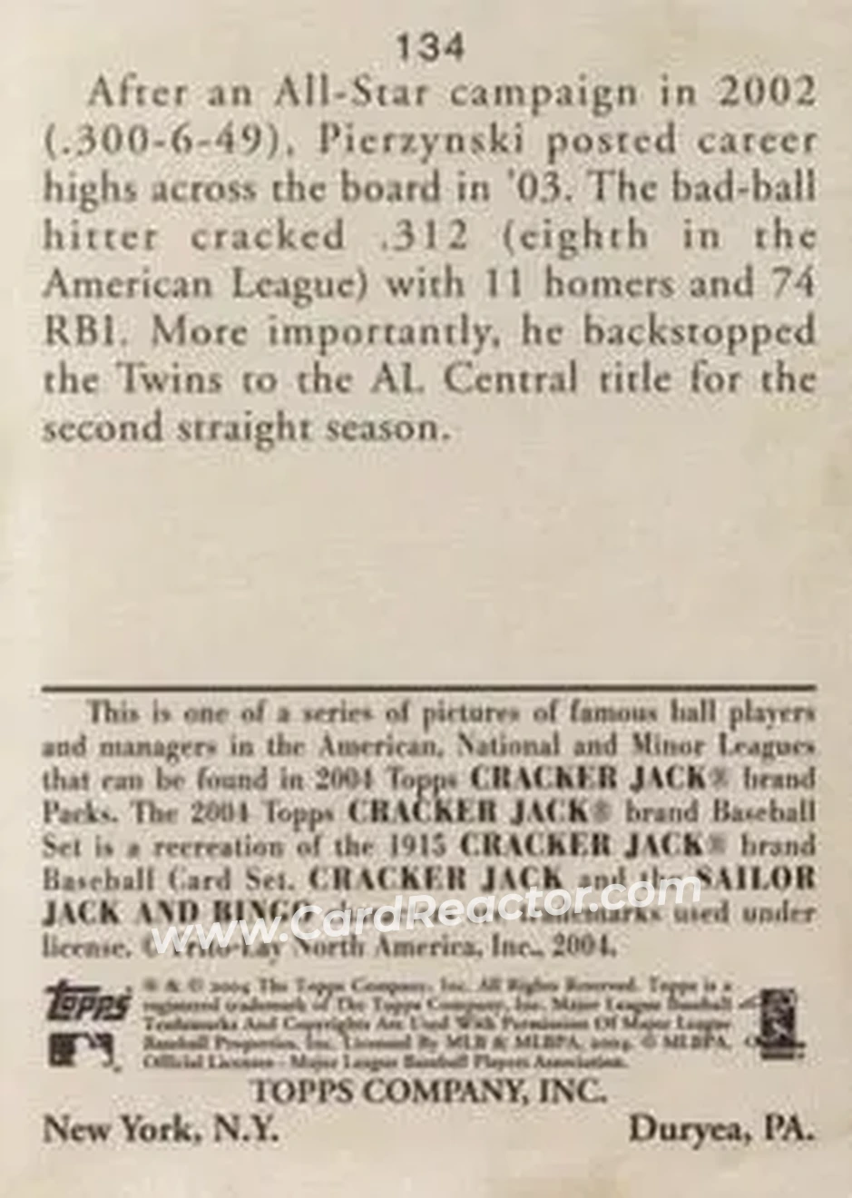 2004 Topps Cracker Jack #134 - A.J. Pierzynski - San Francisco Giants - Back