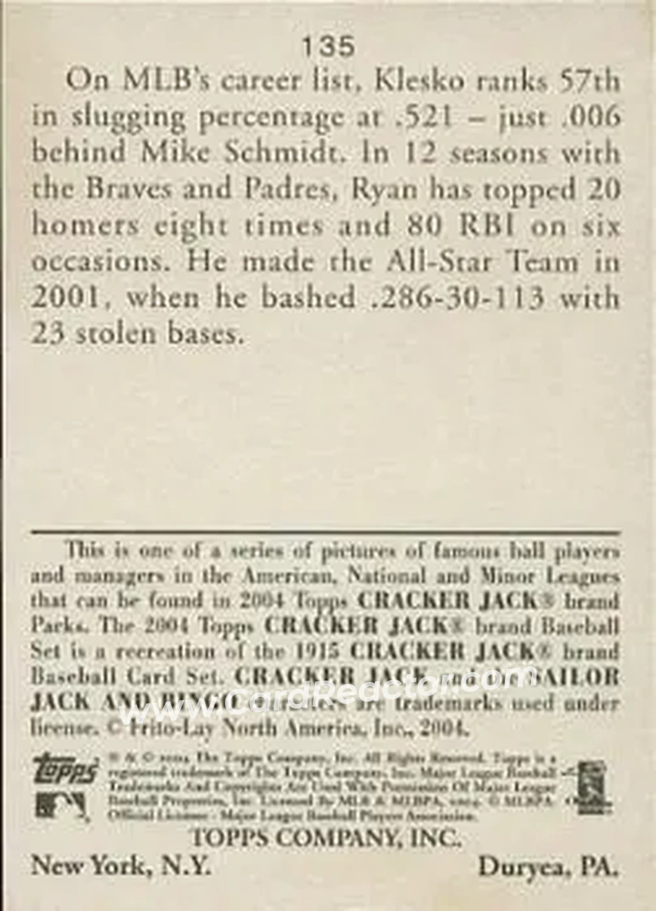 2004 Topps Cracker Jack #135 - Ryan Klesko - San Diego Padres - Back