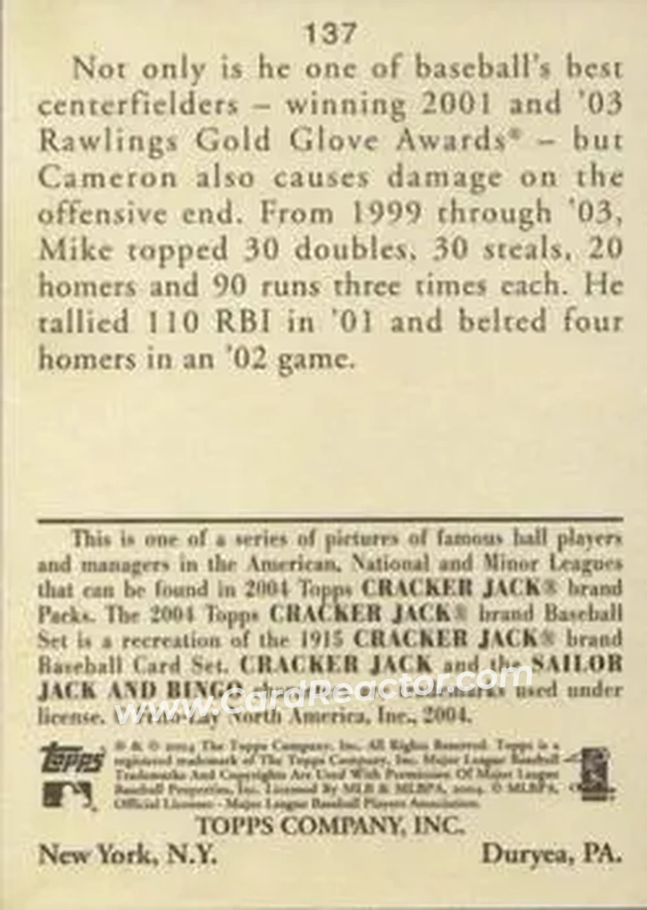 2004 Topps Cracker Jack #137 - Mike Cameron - New York Mets - Back