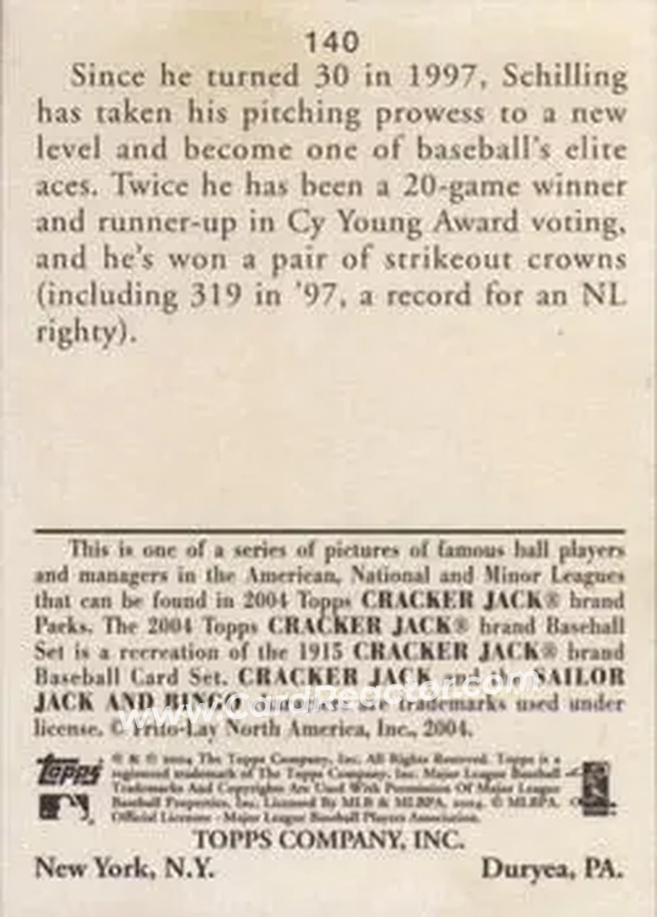 2004 Topps Cracker Jack #140 - Curt Schilling - Arizona Diamondbacks - Back