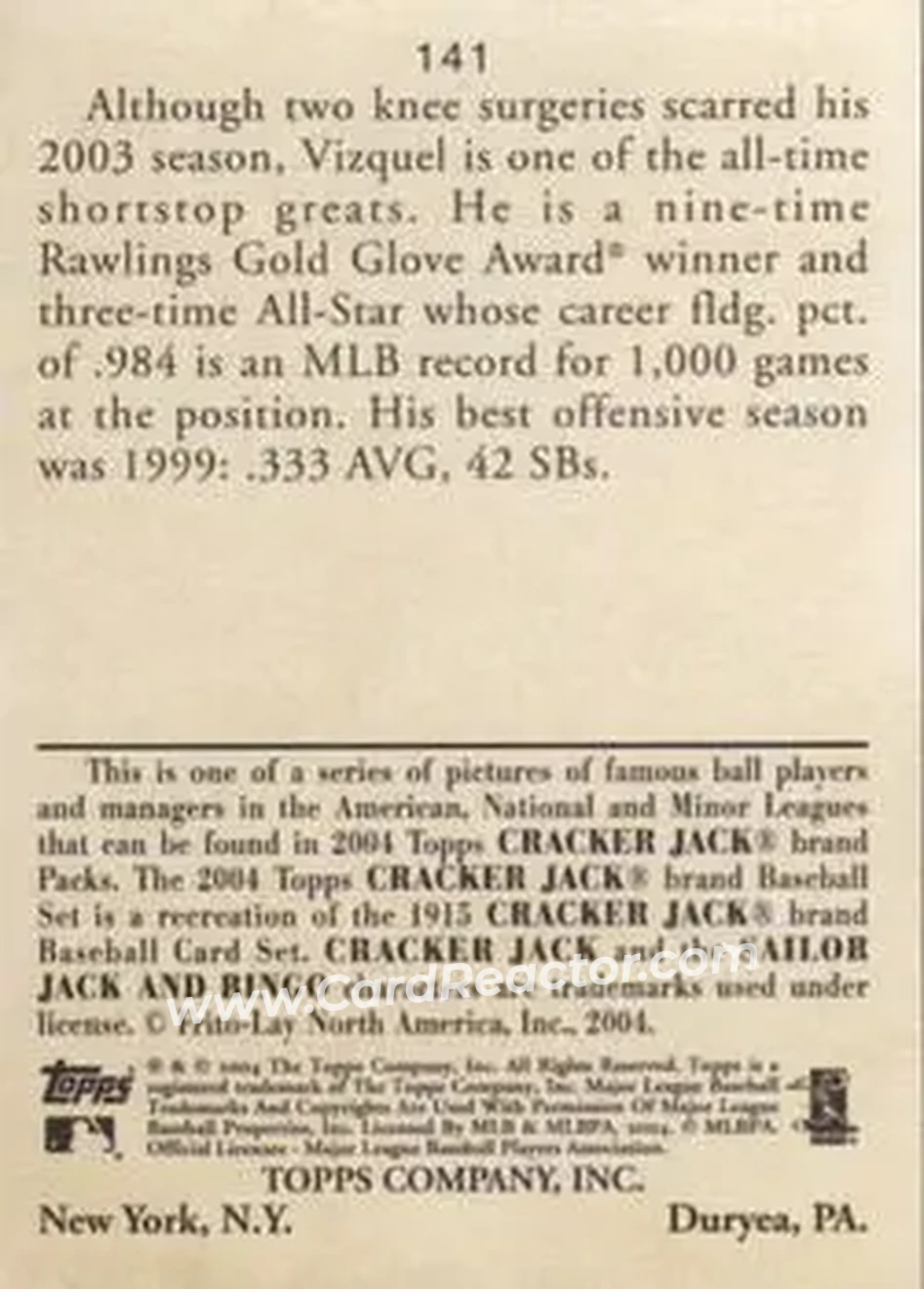 2004 Topps Cracker Jack #141 - Omar Vizquel - Cleveland Indians - Back