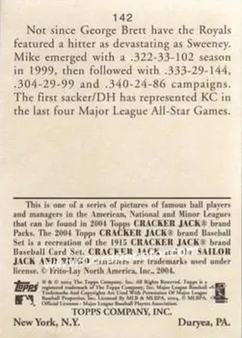 2004 Topps Cracker Jack #142 - Mike Sweeney - Kansas City Royals - Back