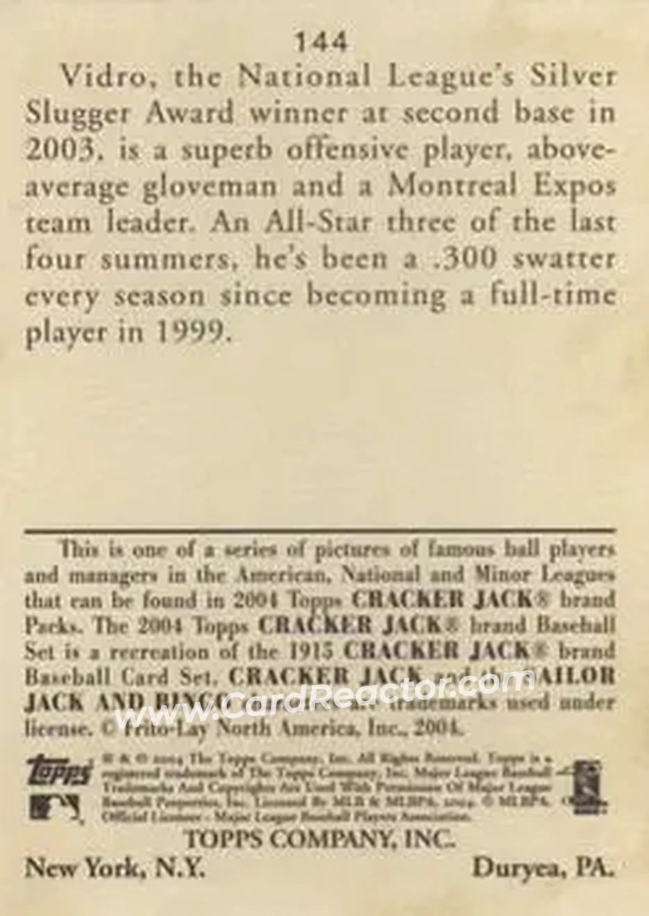 2004 Topps Cracker Jack #144 - Jose Vidro - Montreal Expos - Back