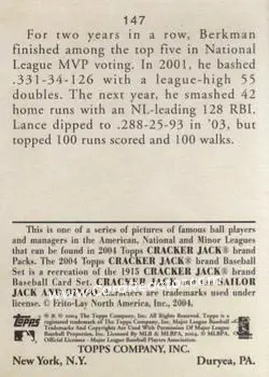 2004 Topps Cracker Jack #147 - Lance Berkman - Houston Astros - Back