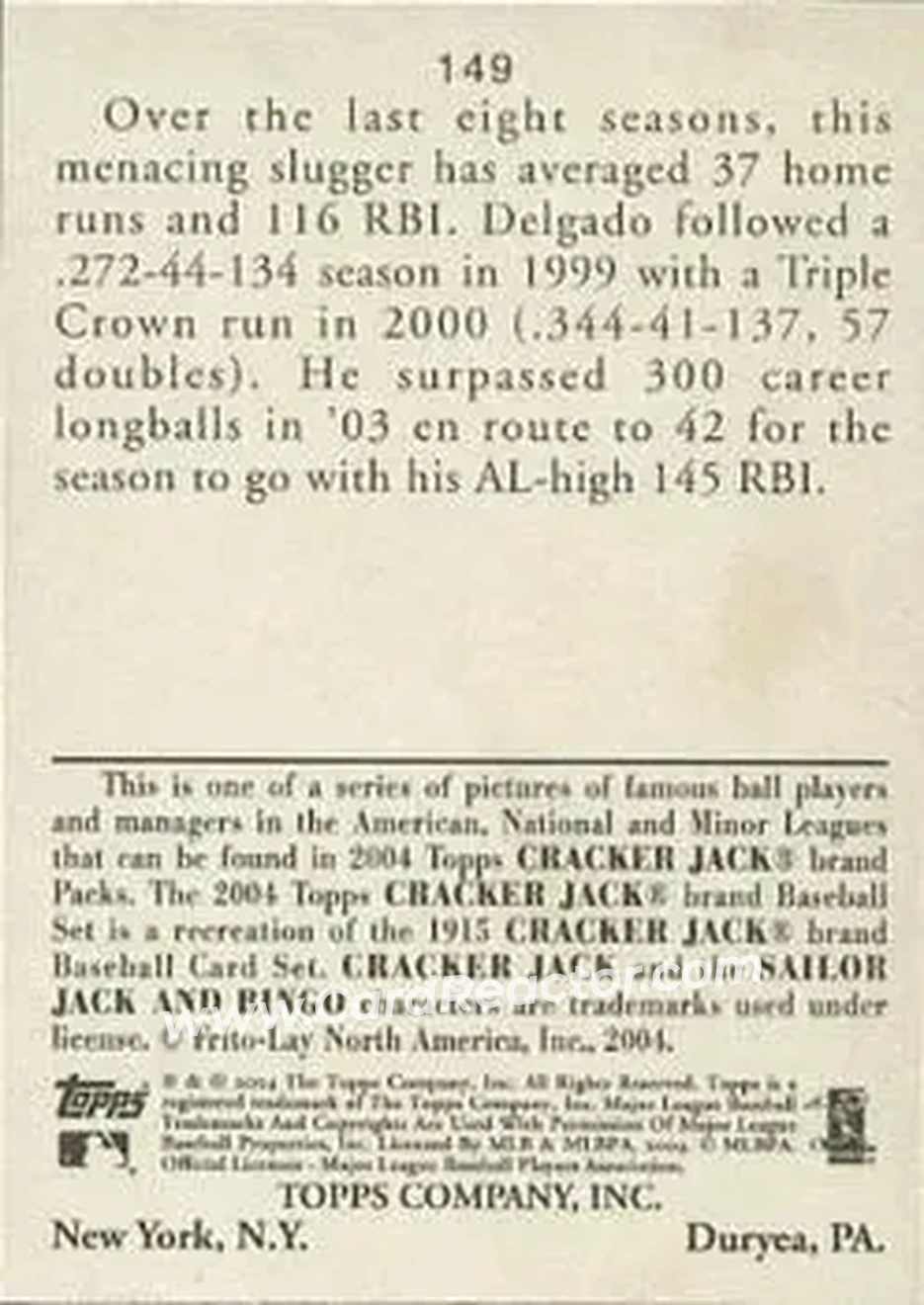 2004 Topps Cracker Jack #149 - Carlos Delgado - Toronto Blue Jays - Back
