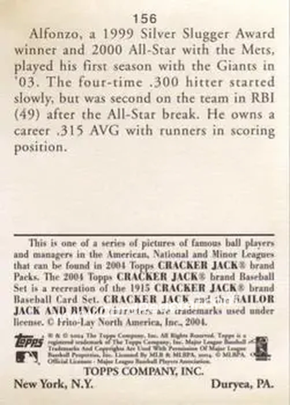 2004 Topps Cracker Jack #156 - Edgardo Alfonzo - San Francisco Giants - Back
