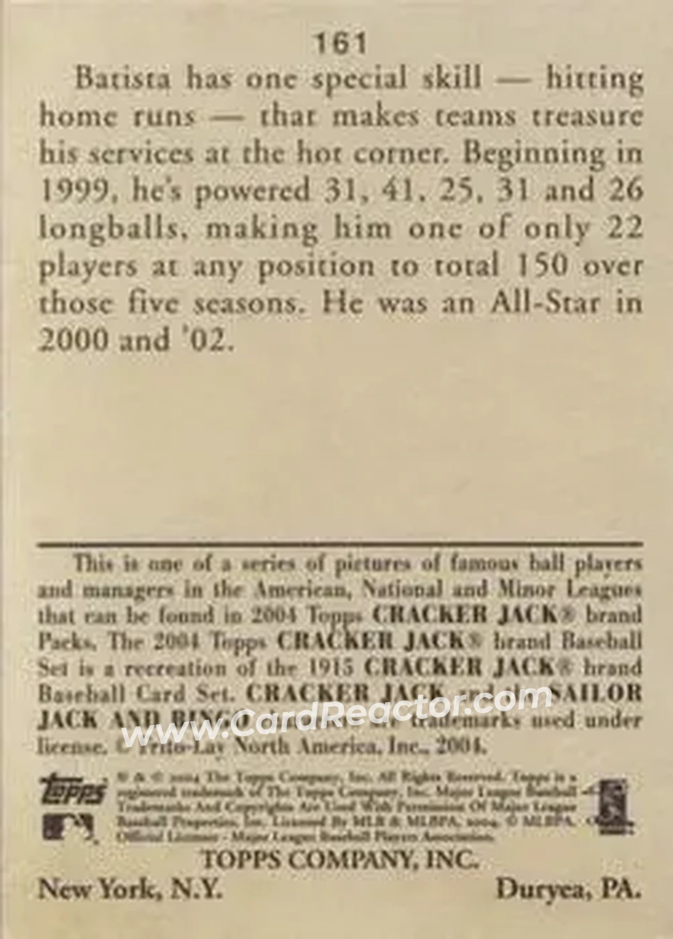 2004 Topps Cracker Jack #161 - Tony Batista - Montreal Expos - Back