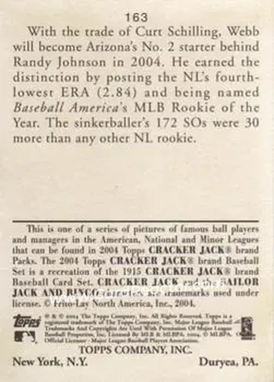 2004 Topps Cracker Jack #163 - Brandon Webb - Arizona Diamondbacks - Back