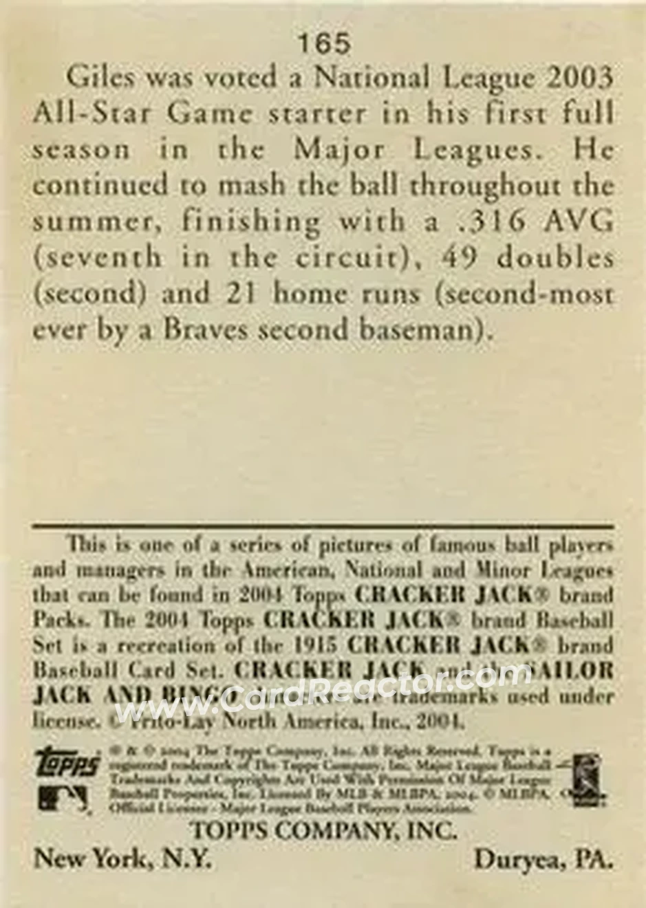 2004 Topps Cracker Jack #165 - Marcus Giles - Atlanta Braves - Back