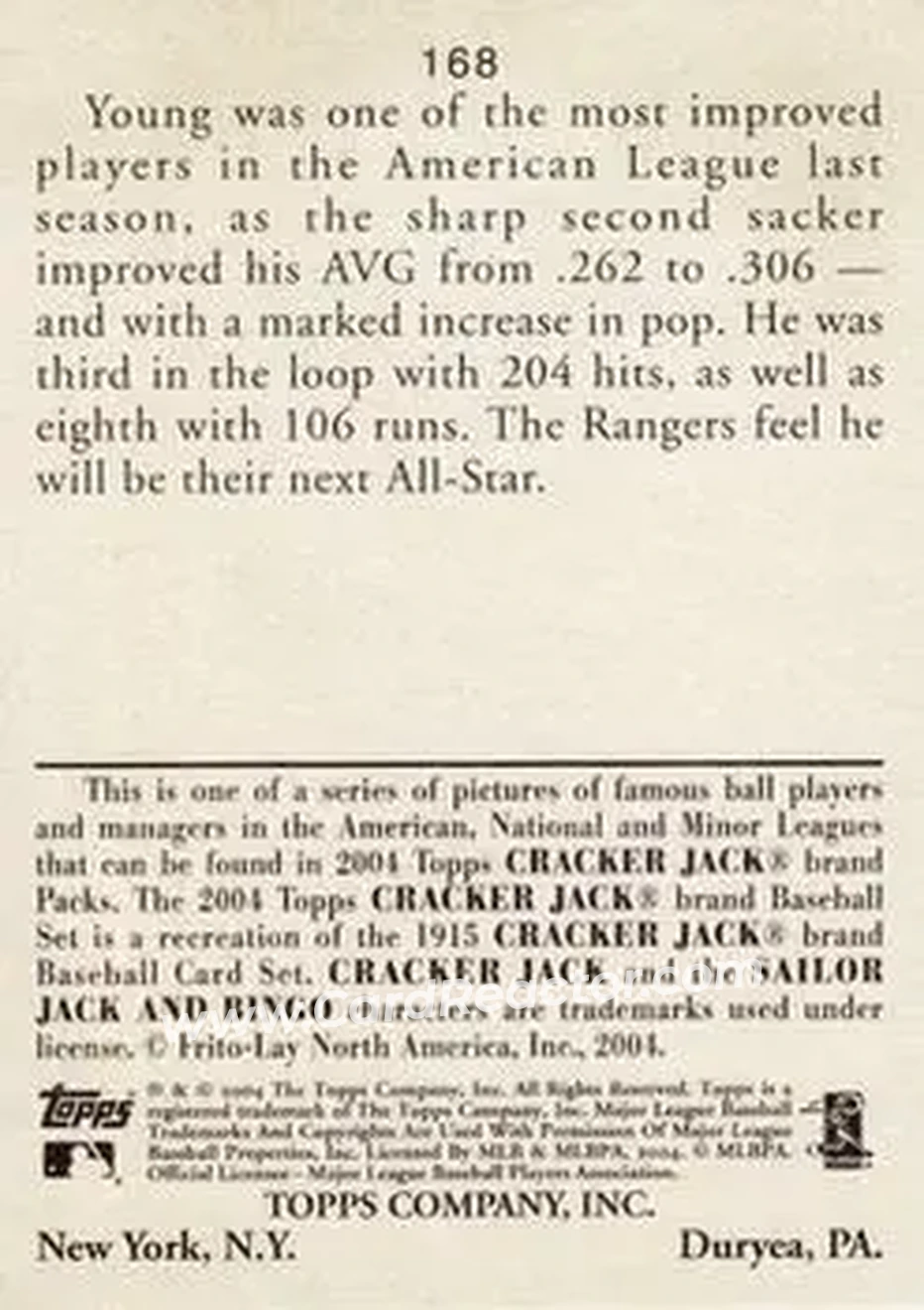 2004 Topps Cracker Jack #168 - Michael Young - Texas Rangers - Back