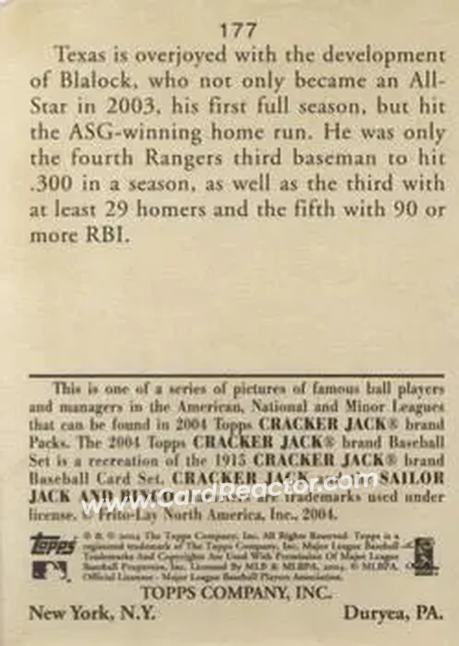 2004 Topps Cracker Jack #177 - Hank Blalock - Texas Rangers - Back 2004 Topps Cracker Jack #177 - Hank Blalock - Texas Rangers - Back