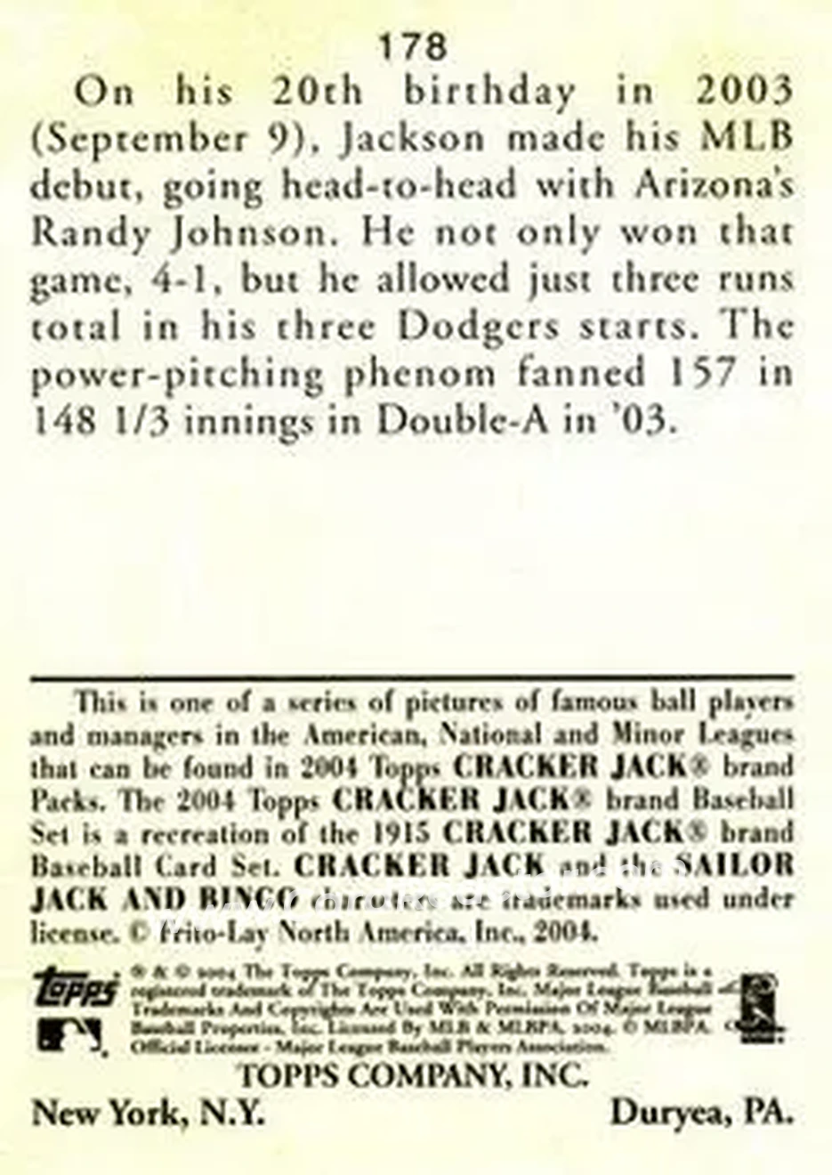 2004 Topps Cracker Jack #178 - Edwin Jackson - Los Angeles Dodgers - Back