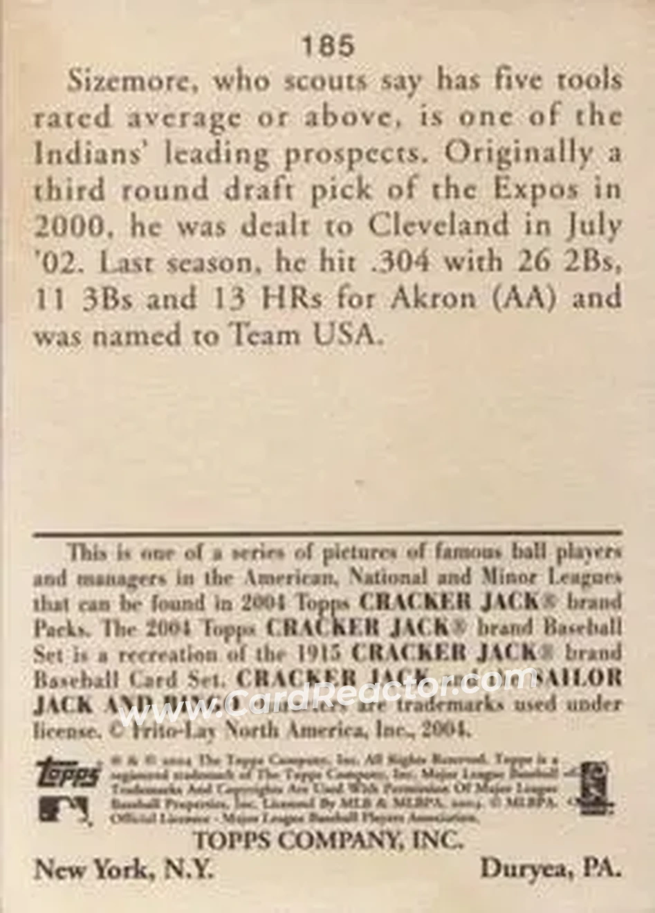 2004 Topps Cracker Jack #185 - Grady Sizemore - Cleveland Indians - Back