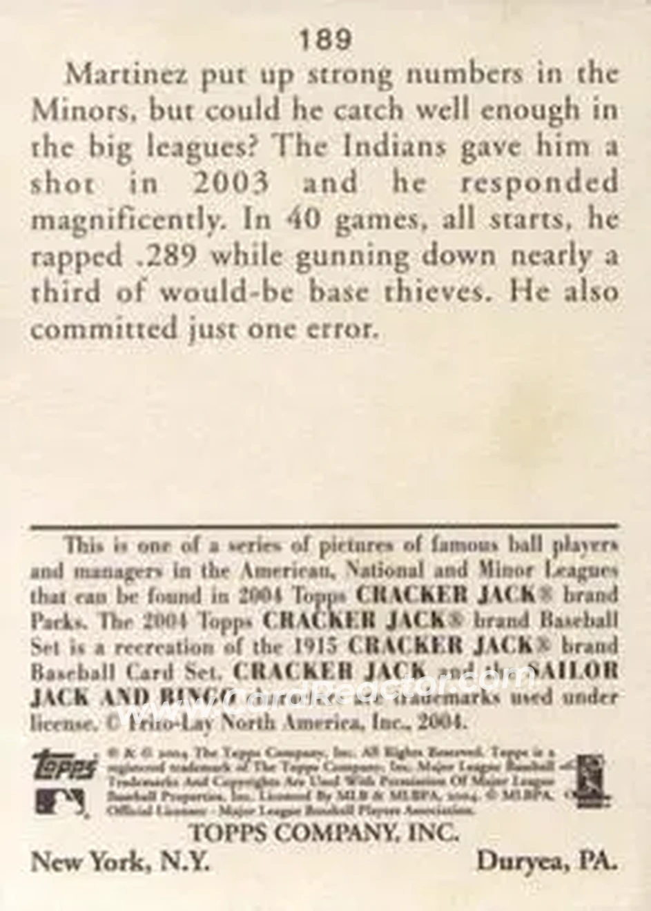 2004 Topps Cracker Jack #189 - Victor Martinez - Cleveland Indians - Back